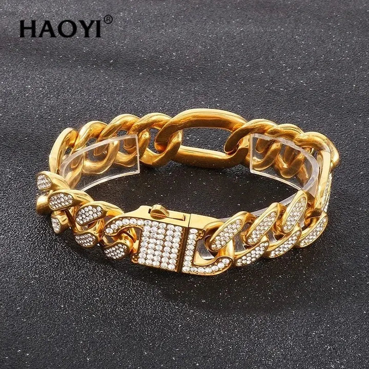 HAOYI Stainless Steel Square Buckle Zircon Bracelet 12/16/20MM Wide Creative Cuban Chain Bracelet Simple Men's and Women's Jewe ROSLIN'SHOP Seu Estilo Nossa Força