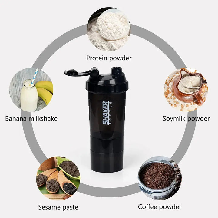 "Garrafa Shaker 3 Camadas para Proteína e Água com Misturador para Musculação ROSLIN'Shop Seu Estilo Nossa Força