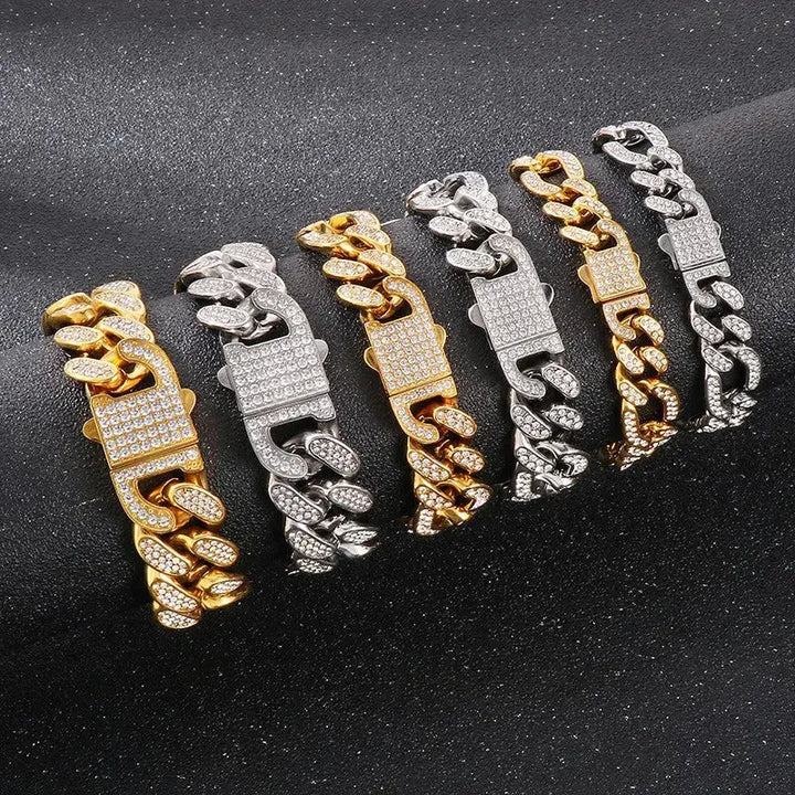 HAOYI Stainless Steel Square Buckle Zircon Bracelet 12/16/20MM Wide Creative Cuban Chain Bracelet Simple Men's and Women's Jewe ROSLIN'SHOP Seu Estilo Nossa Força