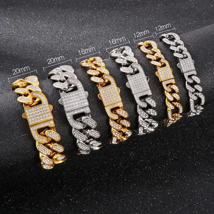 HAOYI Stainless Steel Square Buckle Zircon Bracelet 12/16/20MM Wide Creative Cuban Chain Bracelet Simple Men's and Women's Jewe ROSLIN'SHOP Seu Estilo Nossa Força